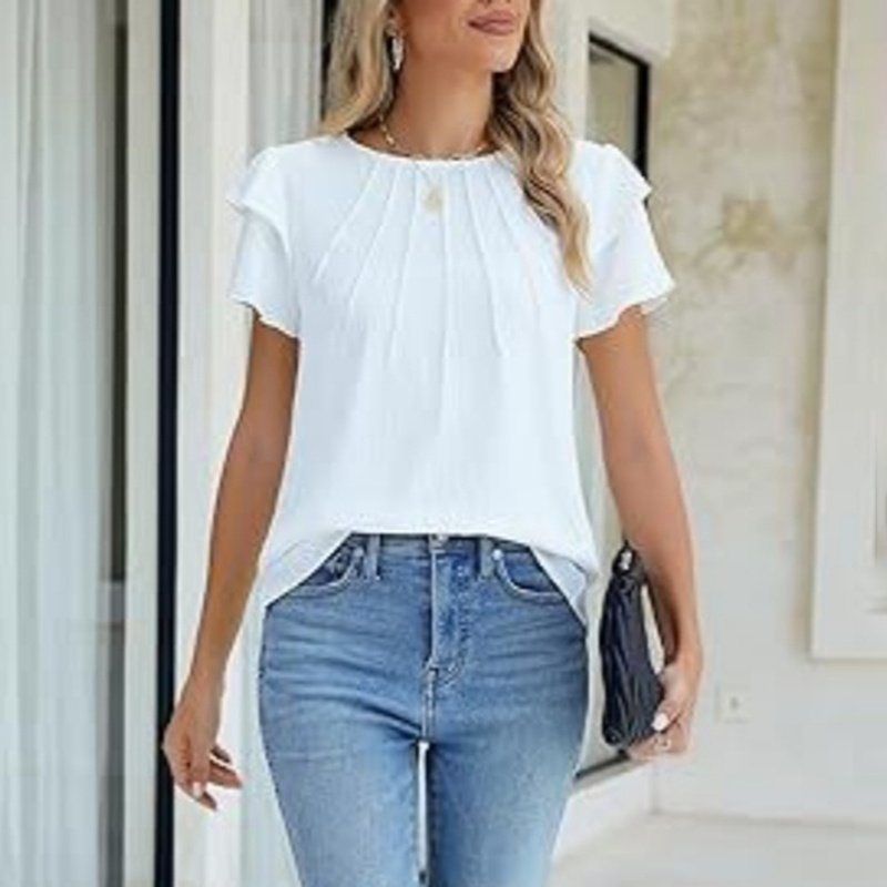 Women's Ruffle Short Sleeve Shirts Dressy Casual Crewneck Tops Trendy Outfits - Image 5