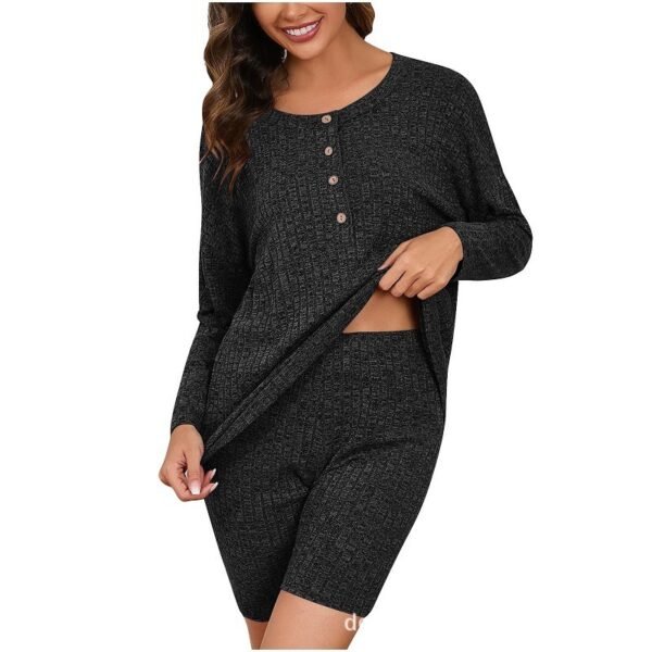 Women's Chic Rib Knitted Long-sleeved Top Shorts - Image 8