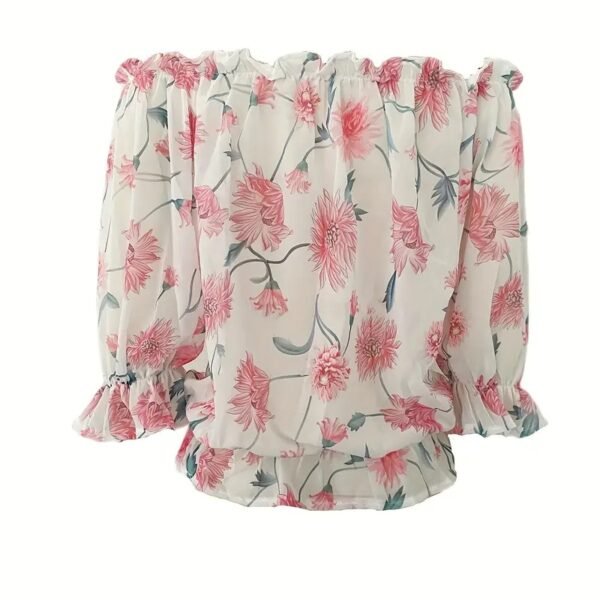 Womens Summer Off Shoulder Blouse Floral Print Ruffle Sleeve Casual Chiffon Tops Shirts - Image 3