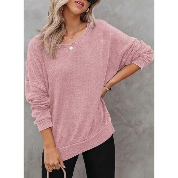 Womens Waffle Knit Crewneck Sweatshirts Long Sleeve Side Slits Casual Pullover Sweatshirt Tops - Image 8