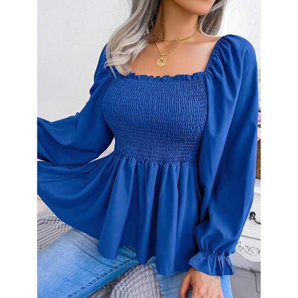 Women's Peplum Tops Square Neck Ruffle Trim Long Sleeve Blouse Smocked Top Dressy Casual Shirts - Image 3